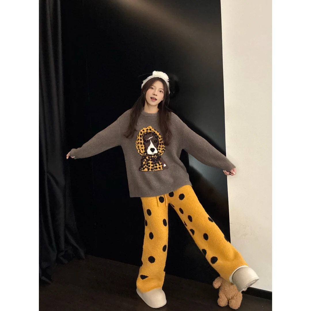 甜美卡通小狗长袖针织半边绒睡衣女款秋冬新款波点长裤家居服套装