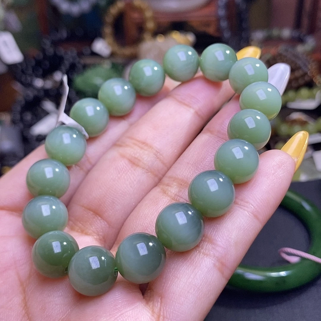 和田玉未镶嵌颈饰碧玉粉青猫眼老料约11.5mm手串