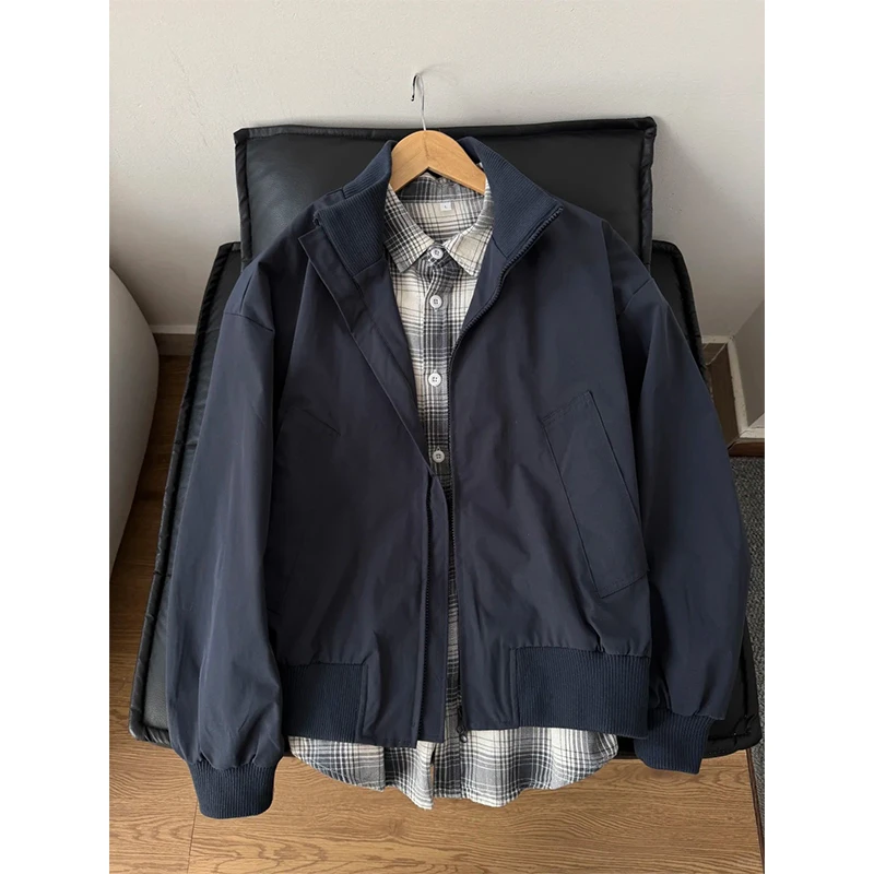 藏青色vintage飞行员夹克男短款美式拉链立领外套潮牌工装棒球服