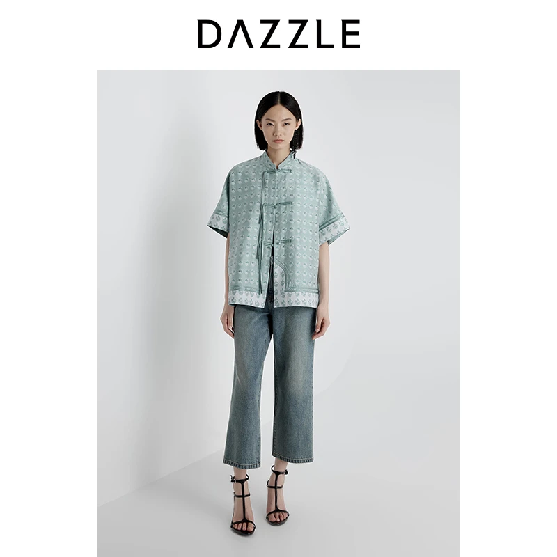 DAZZLE 地素外套2025年夏季新款绿色丝毛提花旗袍2J2F488