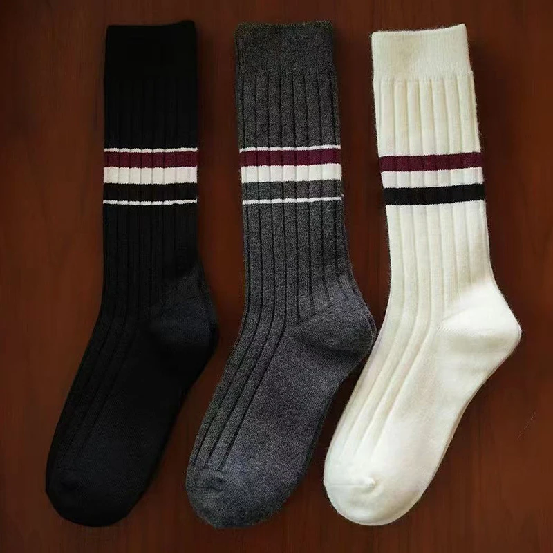 TB风拉绒羊毛袜子女秋冬加绒加厚长筒袜欧货ins潮百搭条纹堆堆袜