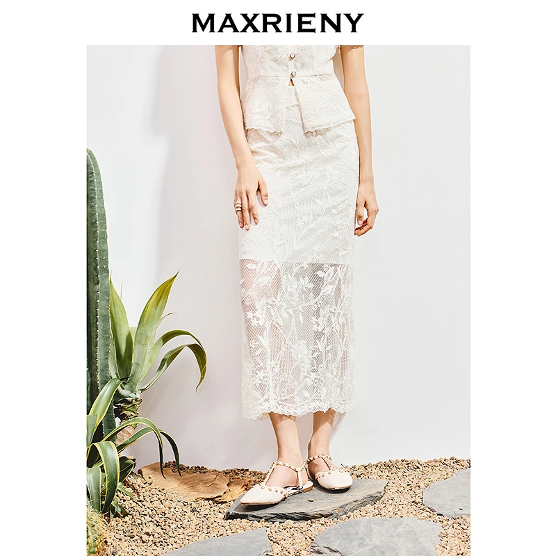 MAXRIENY精致优雅感蕾丝镂空半裙25夏款高级气质高腰鱼尾中长裙
