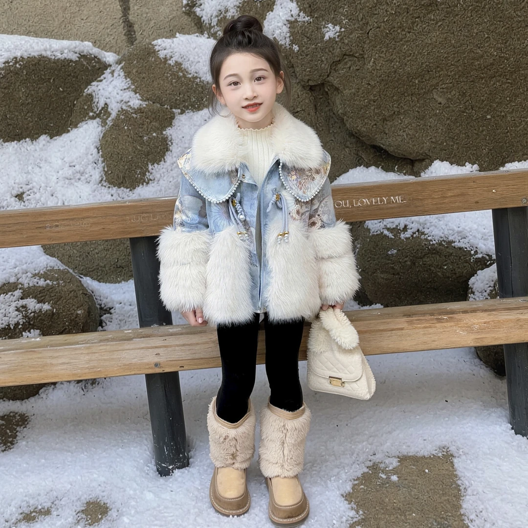 女童冬季外套2025新款洋气炸街皮草派克服装女宝宝加绒加厚毛毛衣