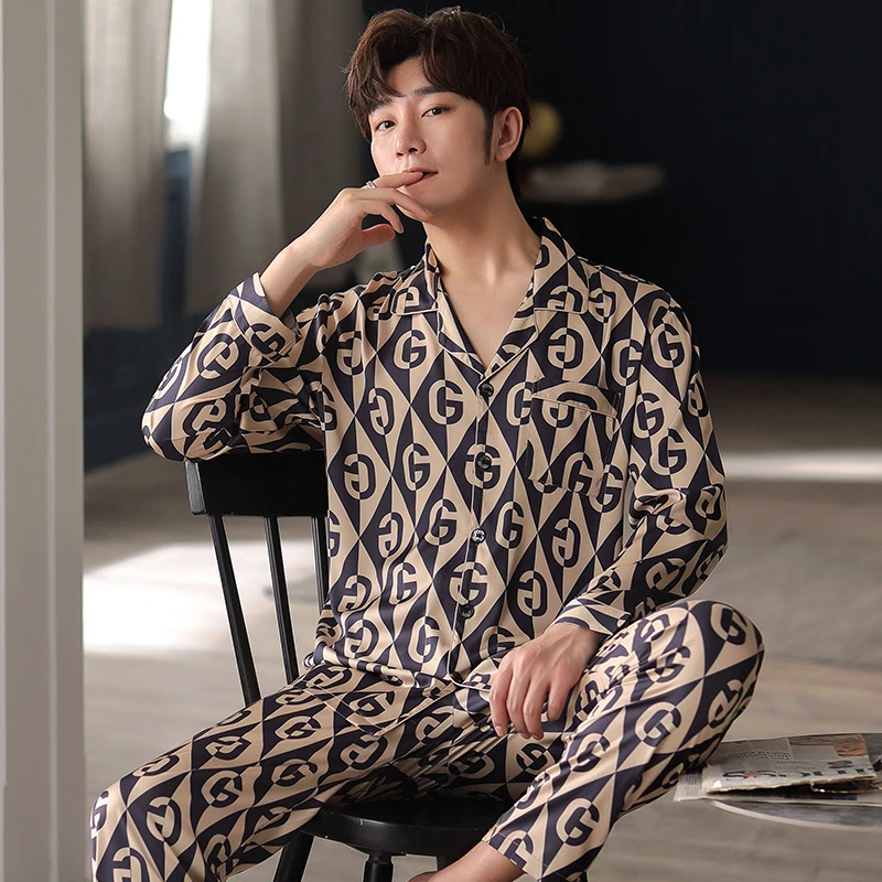 男士爆款睡衣轻奢风春季休闲时尚可外穿款舒适柔光软丝套装家居服