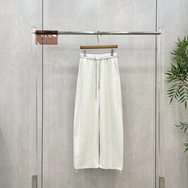 RAIN MALKA早春新时尚松紧腰灰色弯刀卫裤女抽绳束脚休闲裤83688