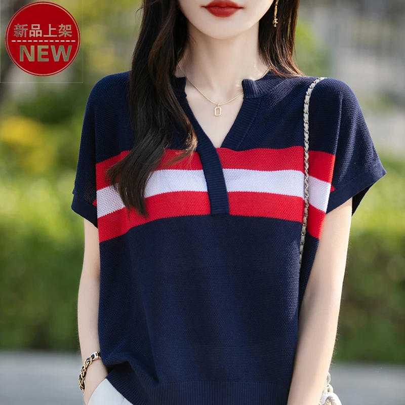 哥弟阿玛施正品时尚小飞袖落肩V领气质短袖优雅撞色气质针织衫女