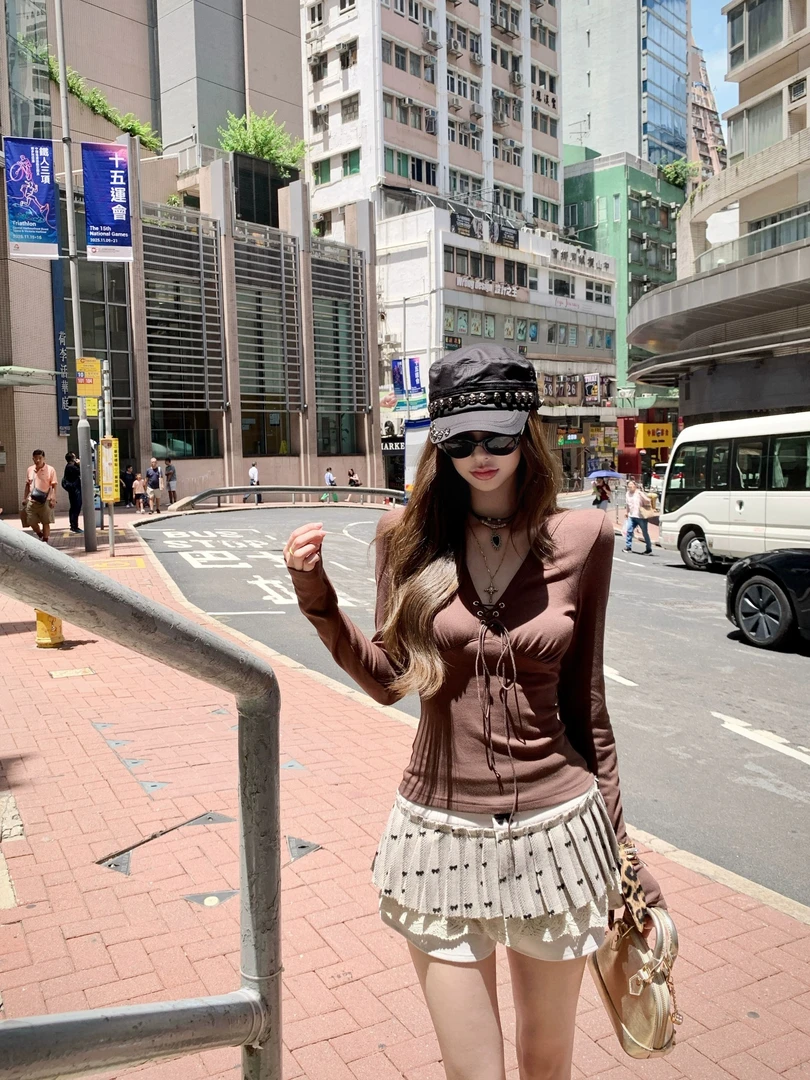 橡果栗子 纯欲百搭V领绑带长袖印花蕾丝拼接假两件半身裙裙裤套装