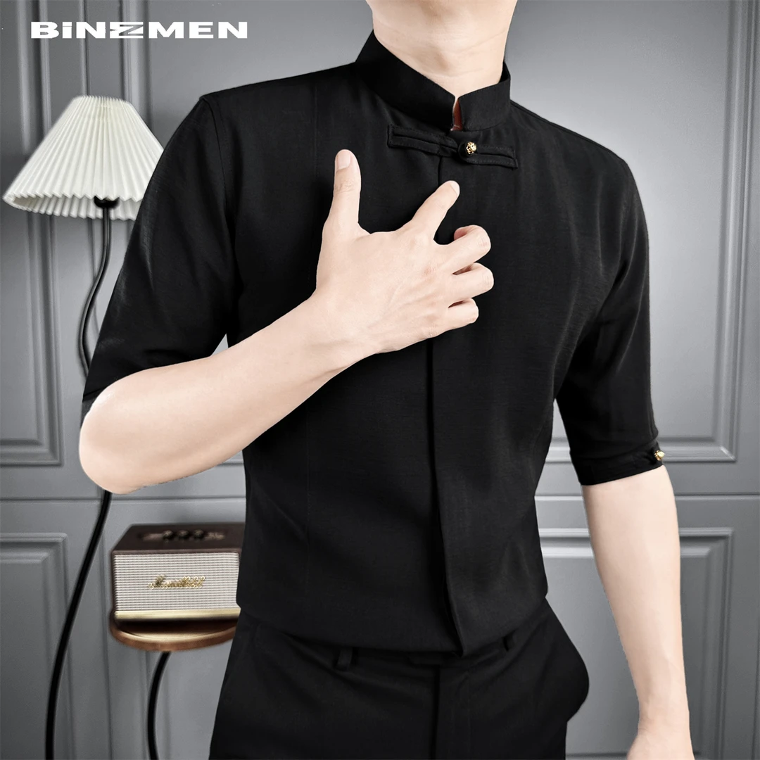 新中式盘扣中袖夏季衬衫男款爆款2025新款七分袖棉麻质感禅意男装