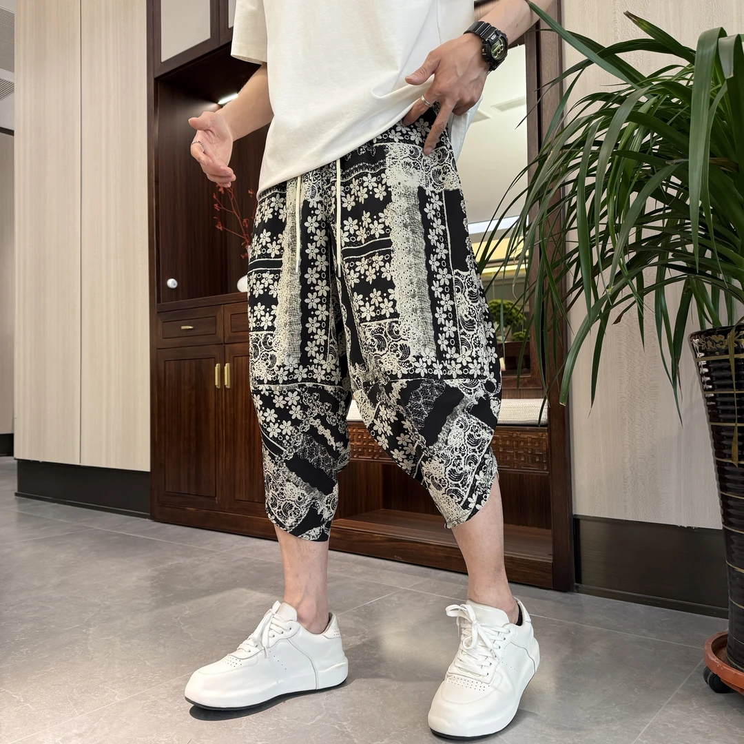 8802#夏季薄款冰丝裤印花休闲裤时尚沙滩裤宽松哈伦裤男士七分裤