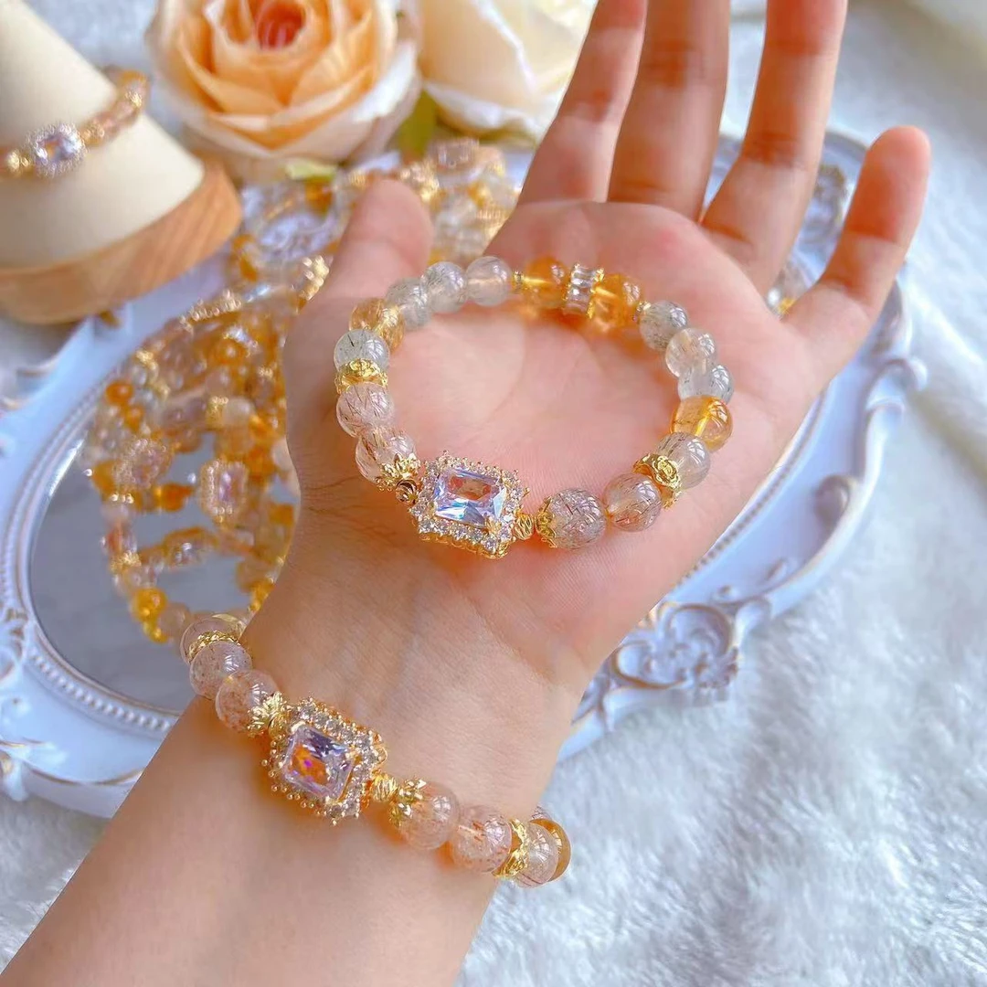 黄塔晶x黑超金 9-10mm 天然水晶 长方体切面招财手串 礼盒装 F048