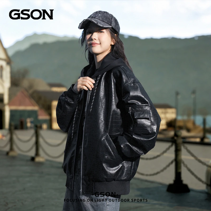 GSON仿鳄鱼PU皮衣男女款春季新品假两件潮牌情侣百搭休闲夹克外套