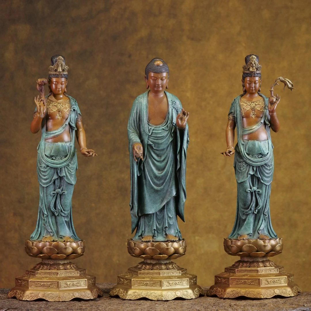 铜器 全铜摆件 西方三圣 一套三尊 阿弥陀佛大势至观世音中式玄关