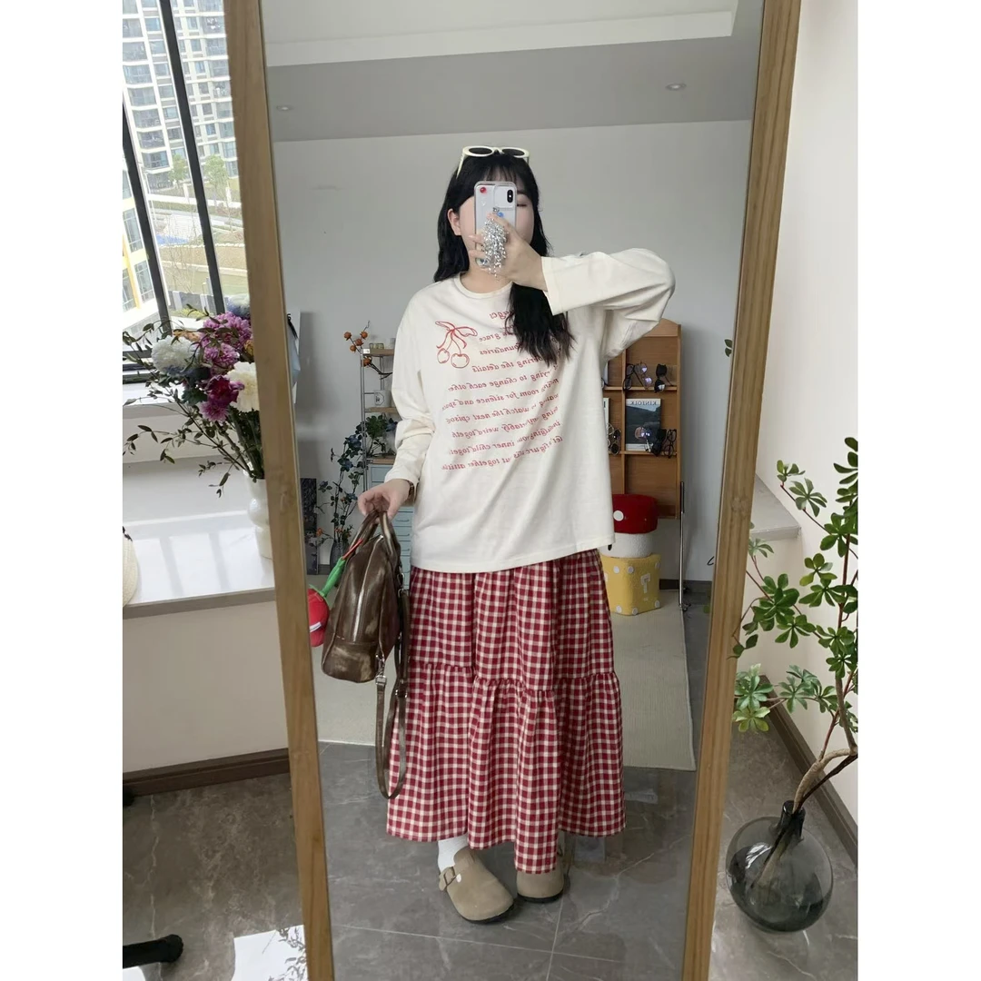 大码女装字母印花长袖T新款内搭宽松温柔慵懒风亚麻外穿上衣Y2419