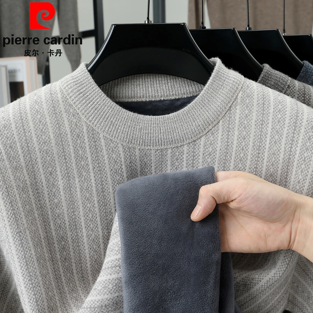皮尔卡丹冬季中年男士加绒加厚毛衣不起球保暖羊毛衫老年爸爸上衣