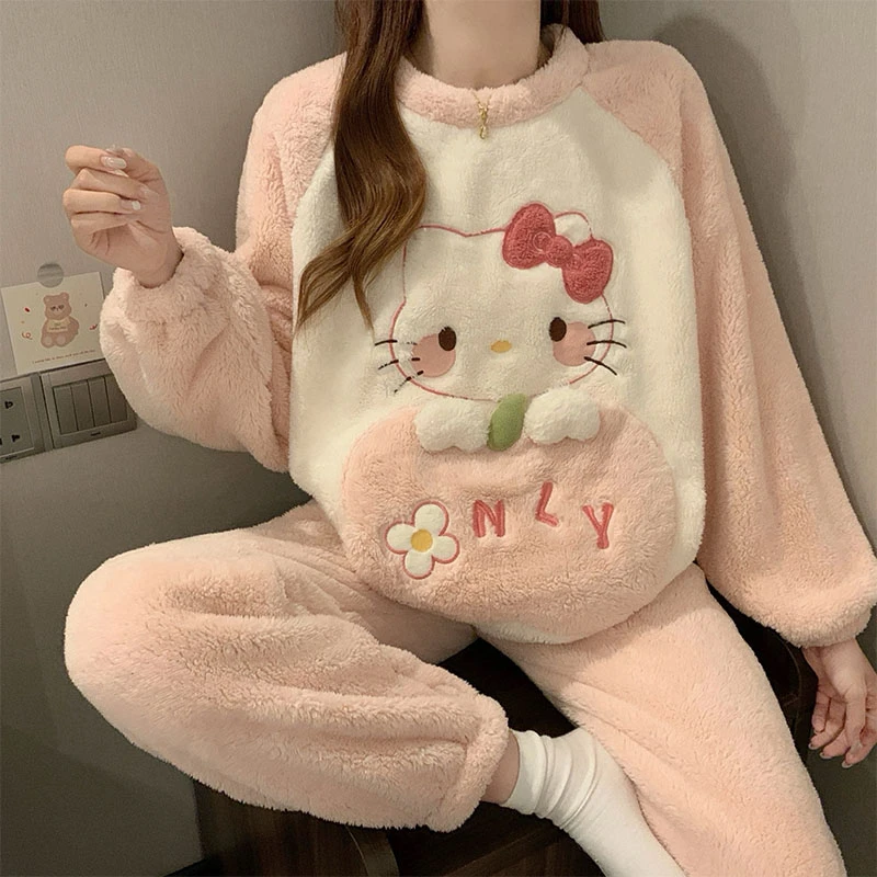 睡衣女款秋冬季珊瑚绒加厚加绒保暖法兰绒可爱卡通猫咪家居服套装