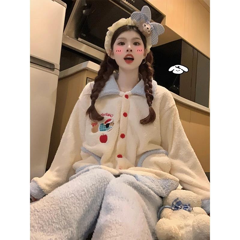 珊瑚绒睡衣女款加绒加厚秋冬季网红卡通家居服套装