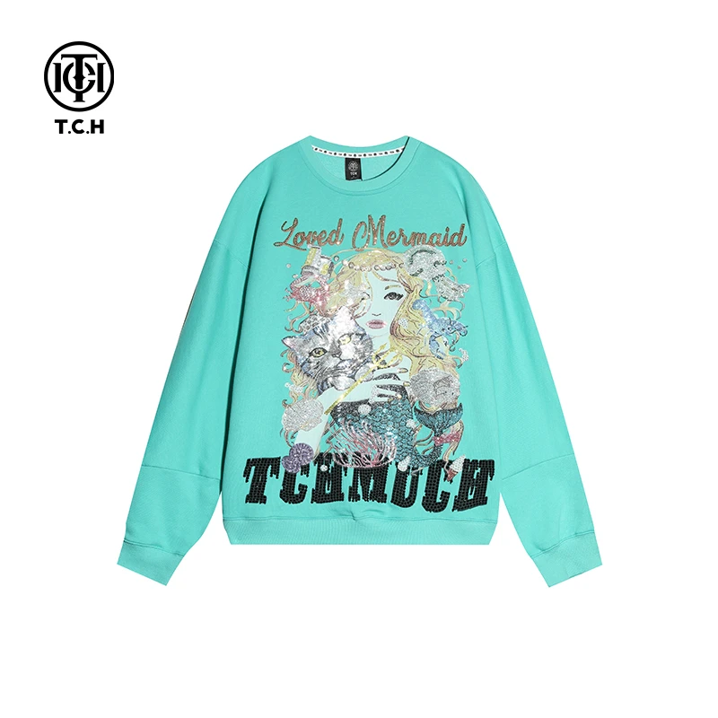 潮牌-TECHNO CHILLOUT HOUSE美女与猫烫钻圆领卫衣T21111C6050