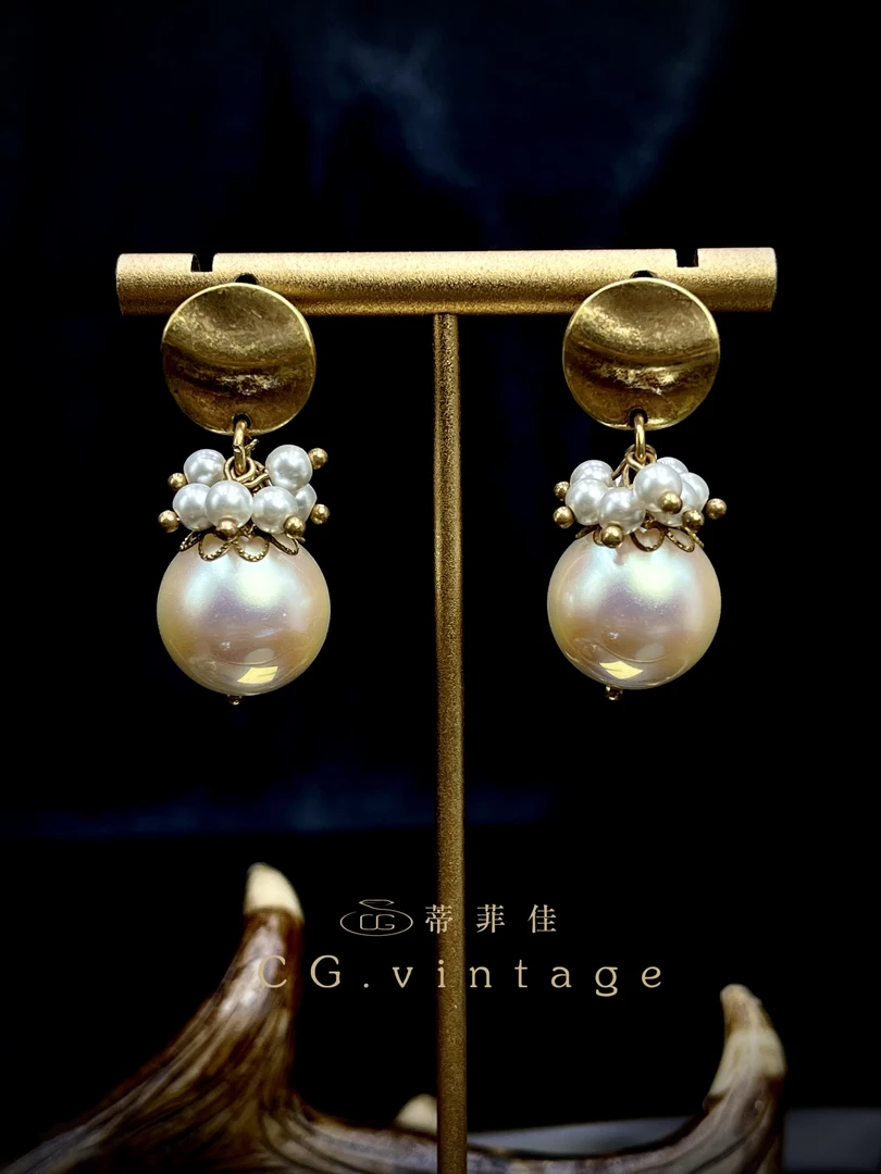 铜合金仿珍珠耳饰 【0193】春季新款气质轻奢时尚百搭复古法式金色