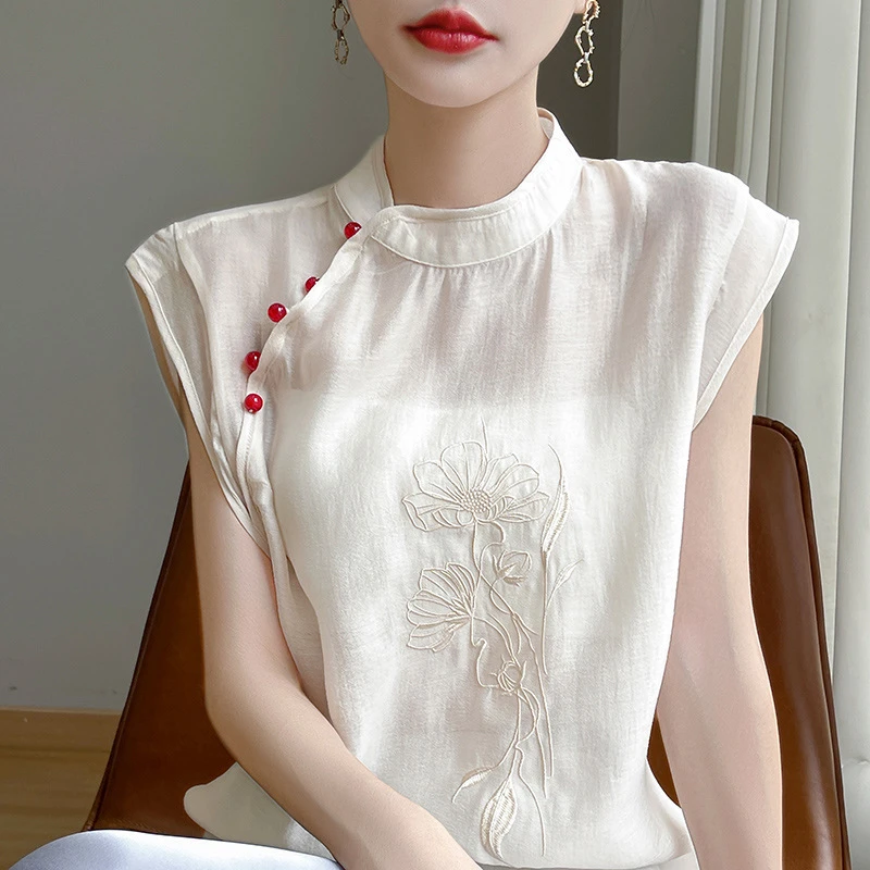 夏季国风刺绣衬衫女夏季欧根纱勾花女士衬衫无袖时尚百搭丝滑小衫