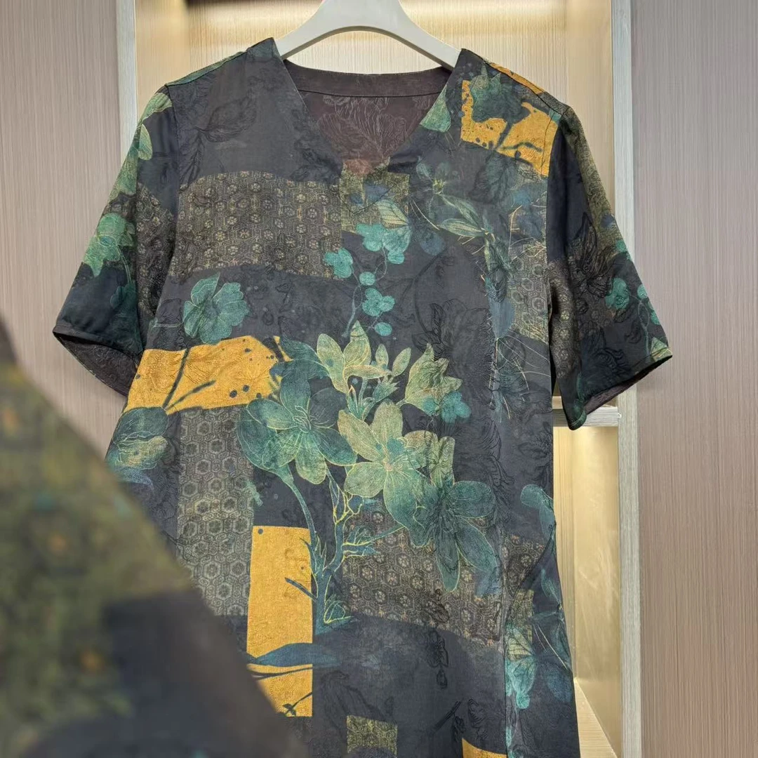 【花境】日常荷叶袖长裙新中式七分袖旗袍牡丹时尚圆领百搭