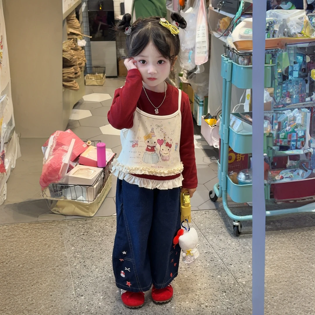 女童秋装套装2025新款韩系可爱叠穿吊带长袖T恤女宝宝牛仔裤套装