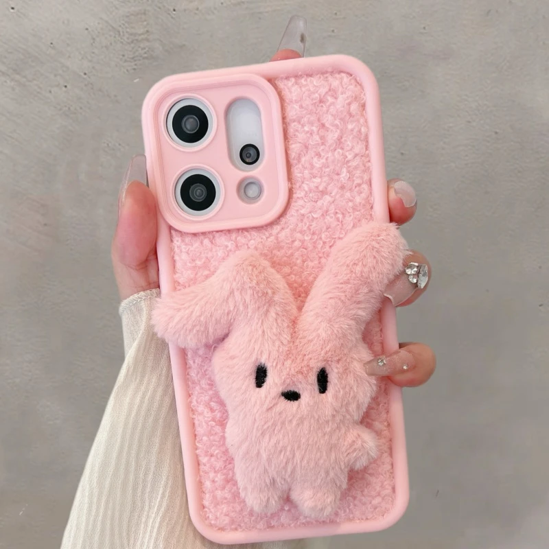 适用于opporeno14手机壳新款reno14pro粉色毛绒兔子防摔全包软壳