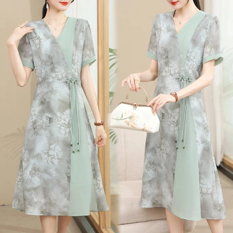 新中式妈妈夏装改良旗袍连衣裙气质中老年女雪纺裙短袖母节衣服
