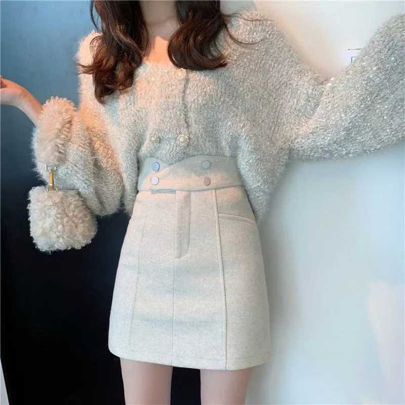 韩版辣妹毛呢半身裙女春季新款高腰显瘦A字百搭包臀防走光短裙子