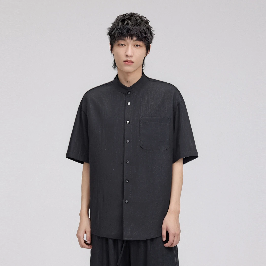 HERBEL/黑白2025夏季亚麻混纺衬衫日系衬衫舒适户外休闲短袖