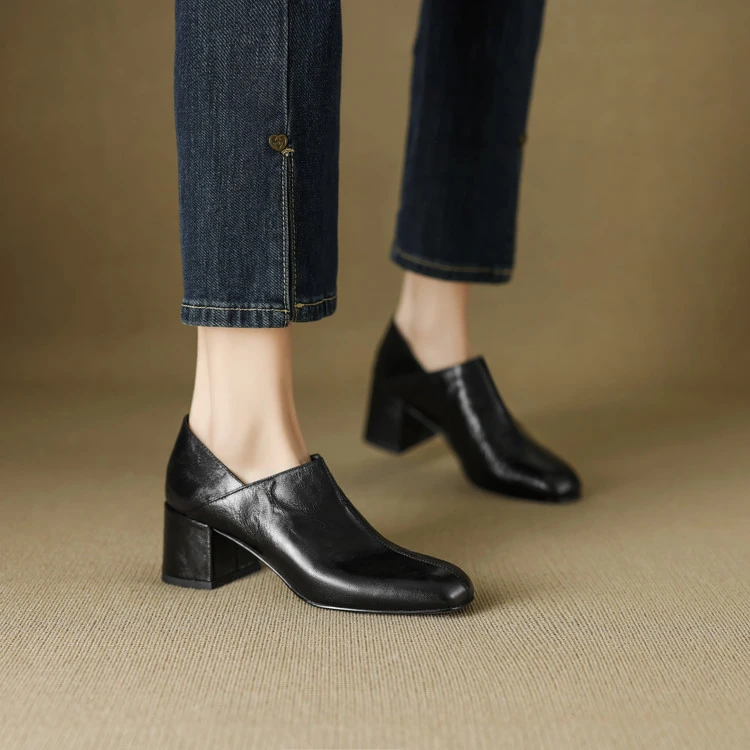 头层羊皮~5.5cm法式复古高跟鞋中跟粗跟真皮春秋新款方头深口单鞋