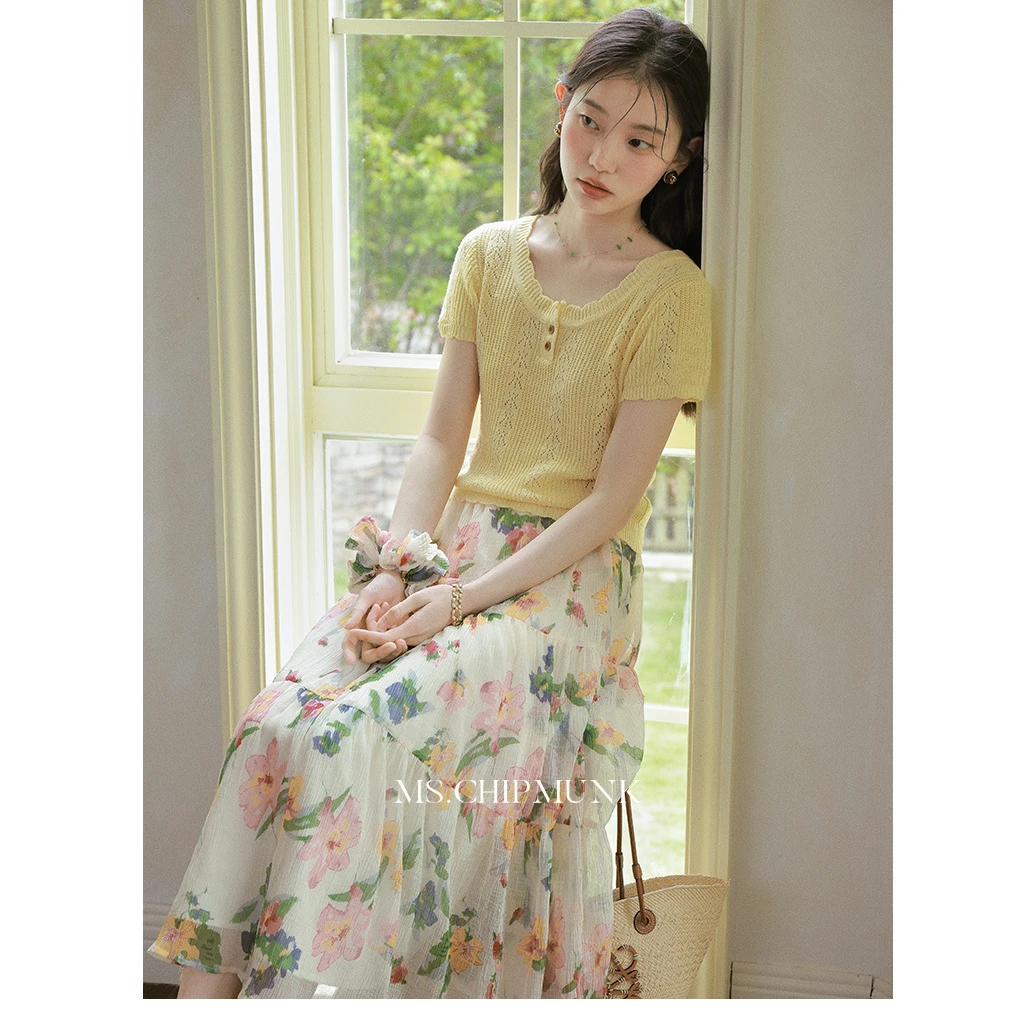 新品【繁花盛夏】2号店温柔针织短袖/印花半裙 浪漫~买一套送发圈