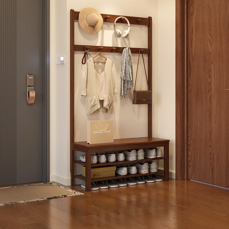 实木鞋架多层家用入户门口鞋柜换鞋凳挂衣架一体2025爆款结实耐用