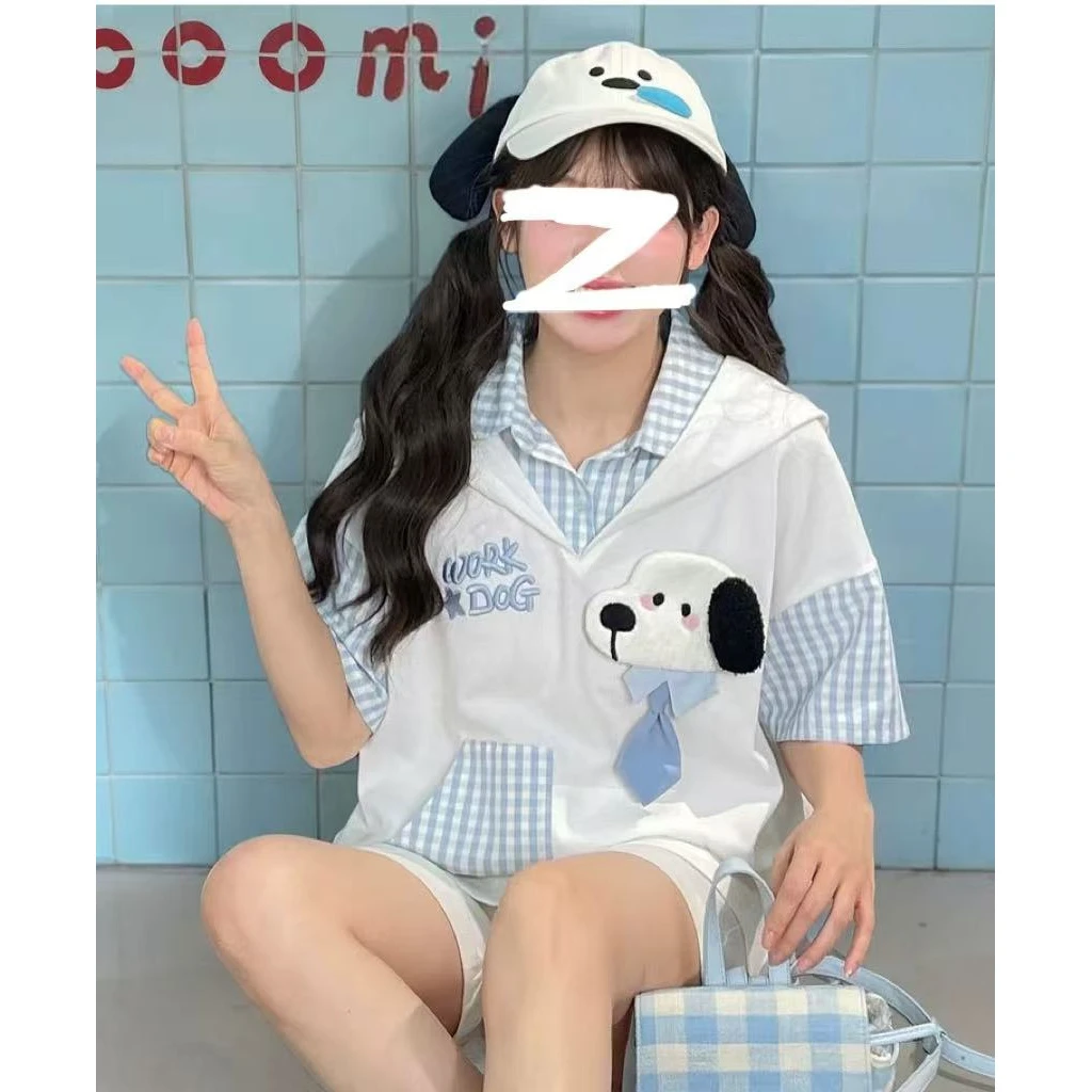 2025新款假两件可爱萌趣立体设计感polo领连帽日系上衣短袖T恤女