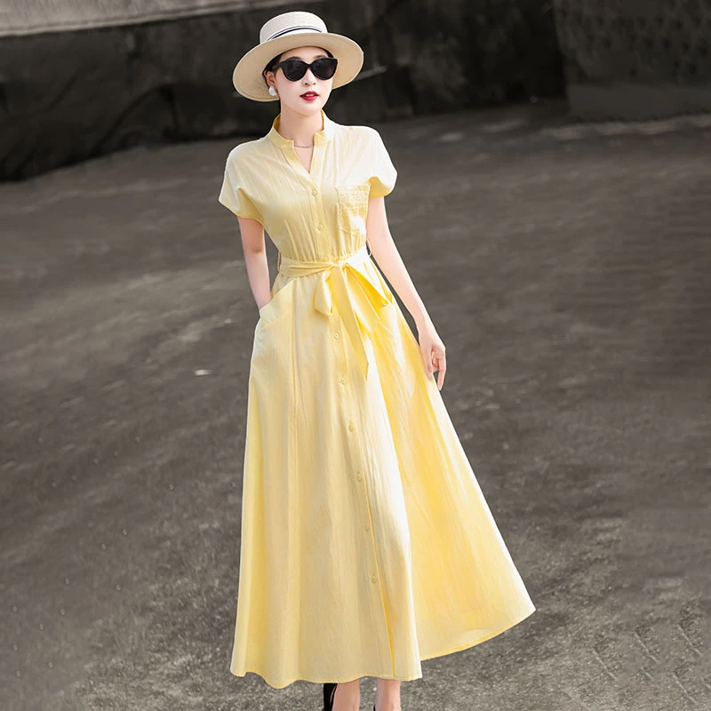 MEXCOCO/兰瑟儿夏新款气质法式衬衫时尚收腰长款连衣裙105XL9368