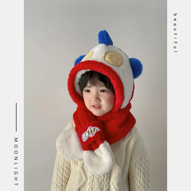 奥特曼儿童帽子围巾一体帽两件套冬季保暖男女宝宝防风加绒加厚