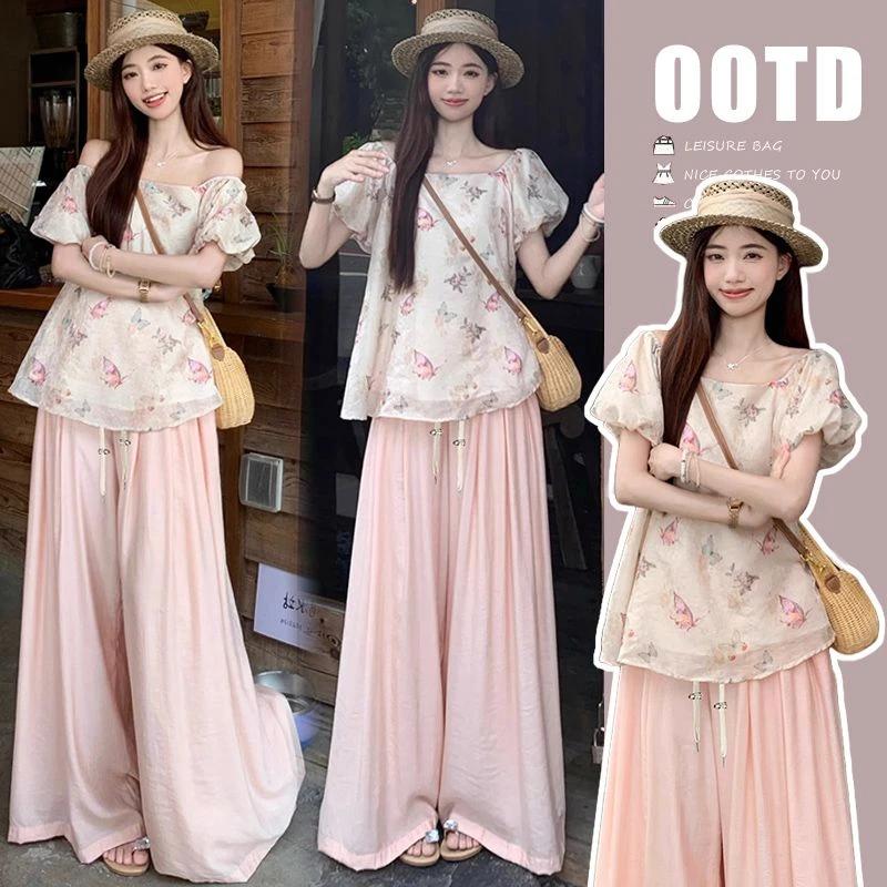 孕妇法式气质方领印花泡泡袖衬衫女夏季新款宽松显瘦休闲裤套装潮