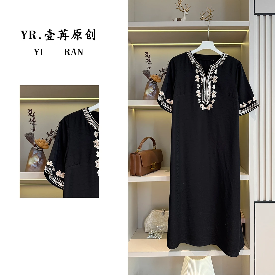壹苒原创【江南】中式改良版重工刺绣小开领气质宽松连衣裙YC7229