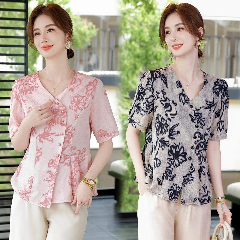 轻职风遮肚法式印花衬衣千金风上衣中国风碎花夏季时尚套装