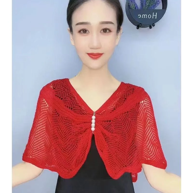春夏薄款纯色套头冰丝针织网格镂空披肩季时尚外搭冰袖套披肩旗袍