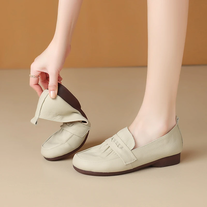 真皮单鞋低跟透气夏季乐福鞋豆豆鞋春秋平底圆头粗跟头层牛皮