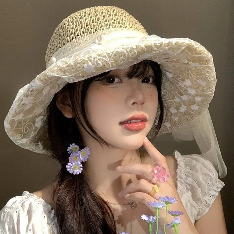 蕾丝花朵蝴蝶结编织草帽女夏季新款法式海边沙滩帽遮阳防晒帽子潮