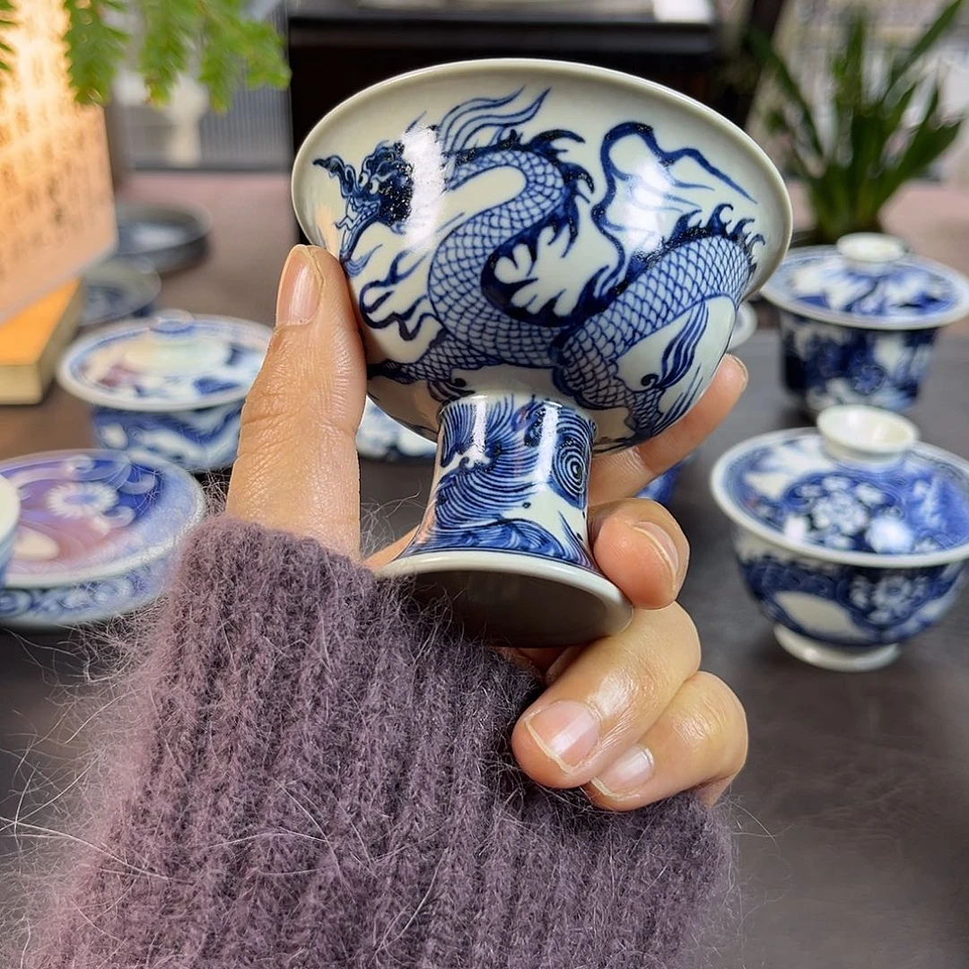 朝岚夕霞仿至正元青花原矿釉烧制全手绘主人杯