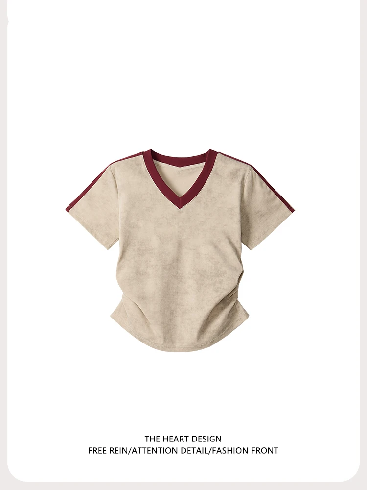 2025夏季新款设计感纯棉v领短袖t恤女甜辣撞色修身正肩休闲上衣潮
