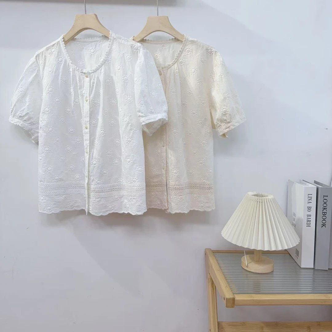 MANXMAN【衣花月】新款圆领重工刺绣拼接百搭短袖衬衫女