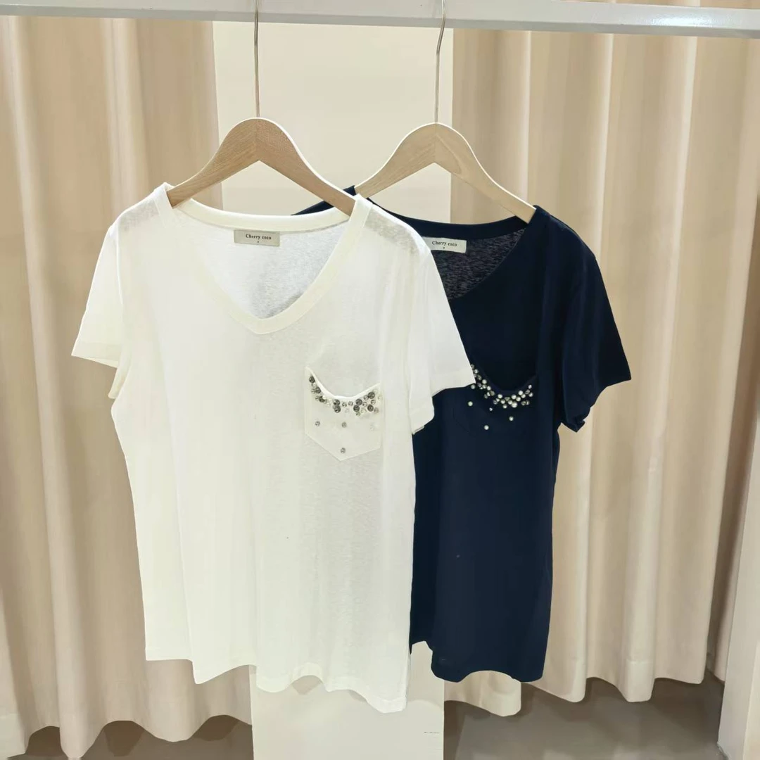 夏季超薄显瘦休闲两色珍珠重工半袖T (祐祐女装)