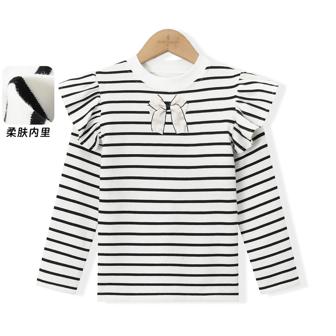 梦特娇女童韩版圆领中大童长袖t恤飞飞袖条纹打底衫2025新款46