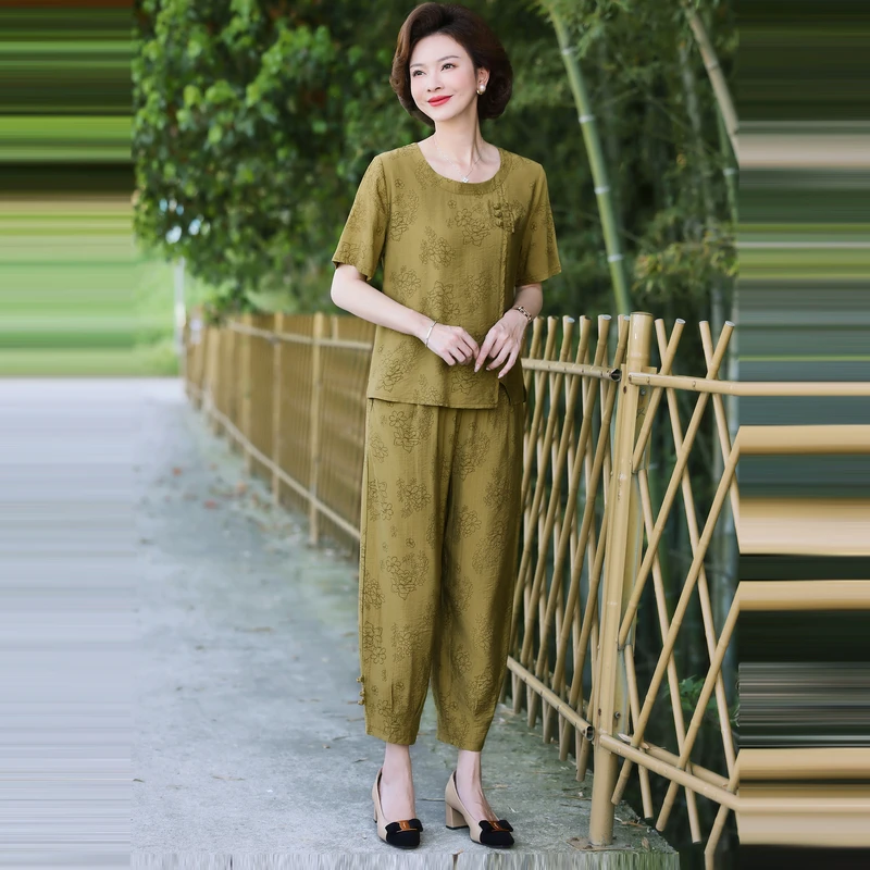 妈妈装洋气中老年夏季棉绸套装短袖T恤九分裤两件套大码女装薄款