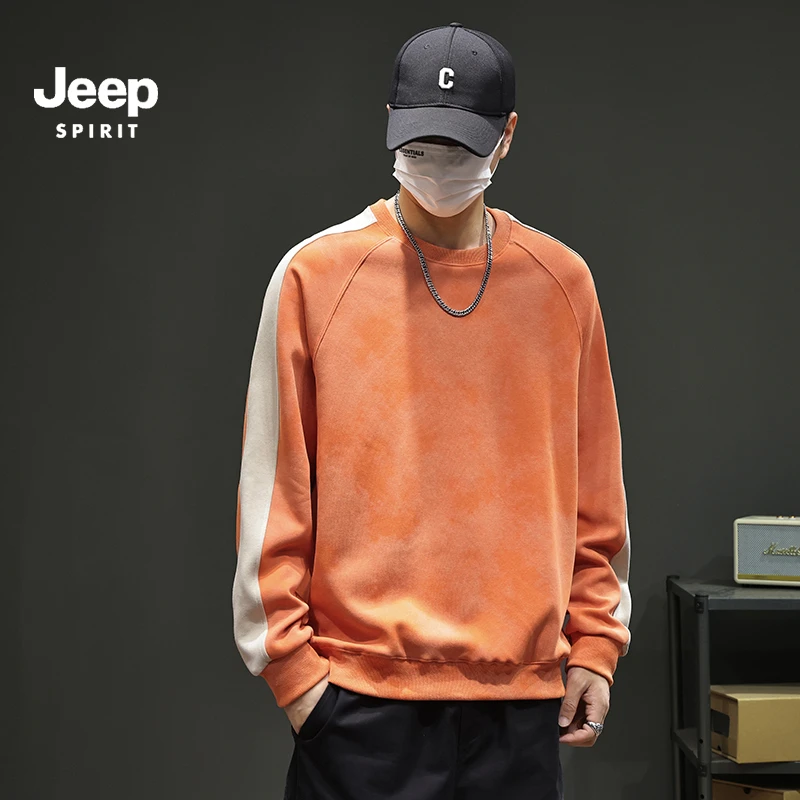 吉普美式宽松拼色秋冬季男士卫衣时尚宽松水洗套头圆领百搭男长袖