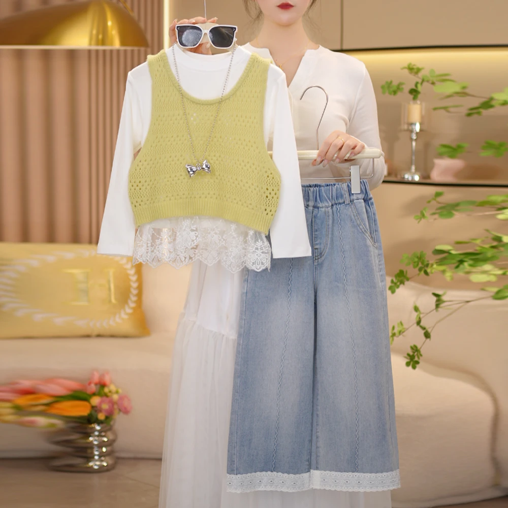 【闺蜜家】女童2025春季新款蕾丝上衣+针织马甲+牛仔裤套装-8113