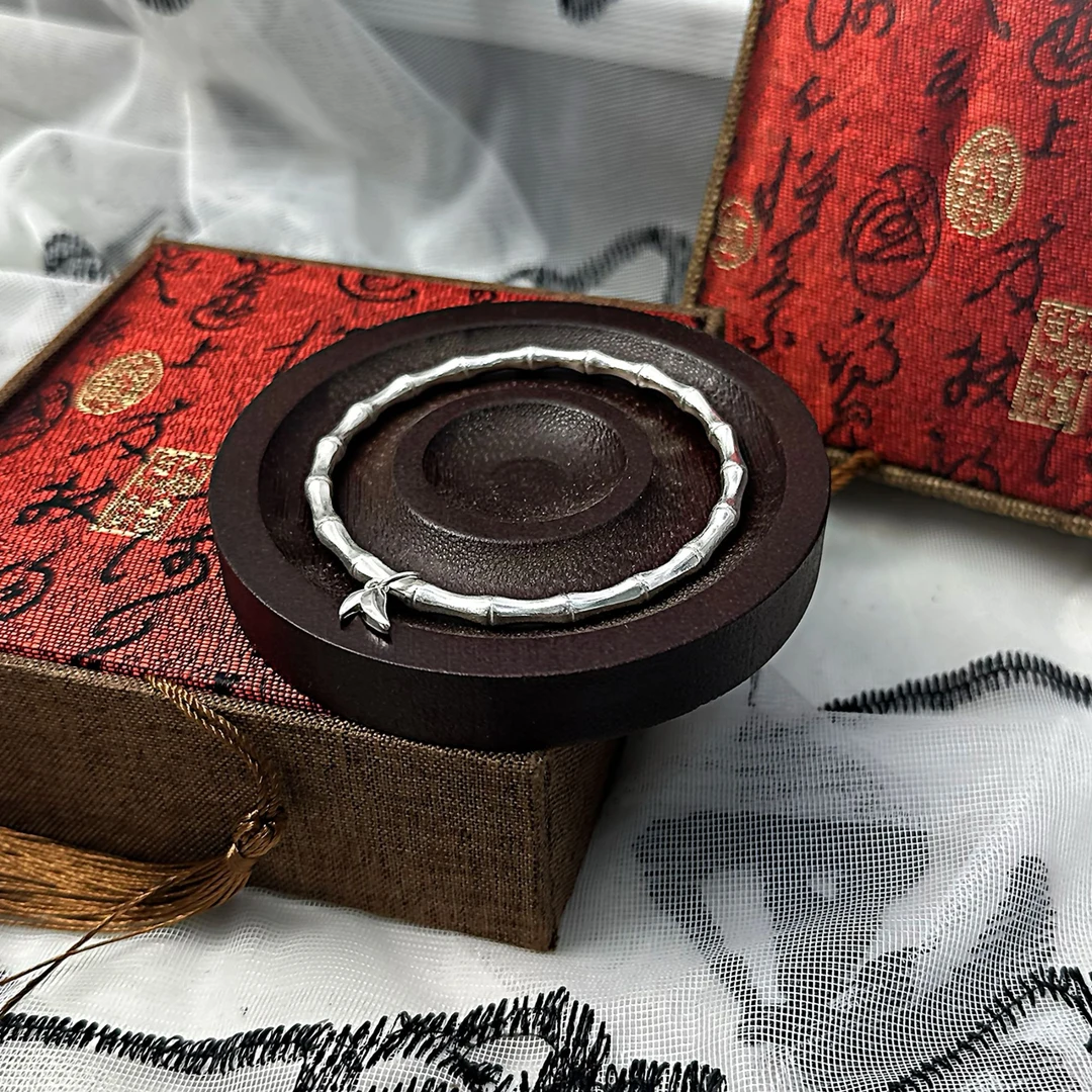 足银手镯 999.9 20.5g【S060】 闭口竹节带叶子手镯经典百搭手工